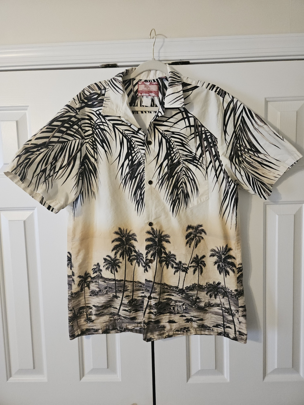 Mens XL RJC Made in USA Hawaiian Shirt  All Over Print Beach Palm Trees Beige